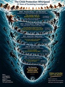 Infographic depicting a whirlpool drawing more and more children and families into child protection as ministers make changes following tragic child deaths but with no reduction in deaths or serious harm 